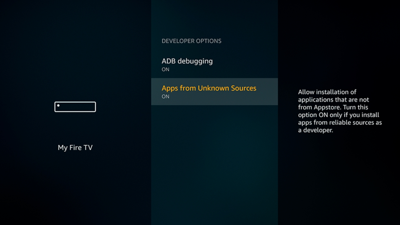 Example of Developer Options screen for Fire TV
